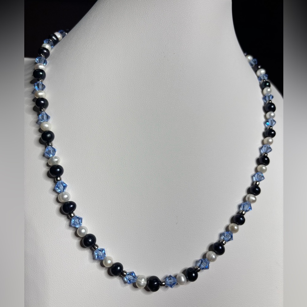 Midnight Blue and White Freshwater Pearl Necklace 20.5 inches